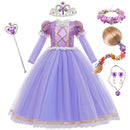 Vestido Rapunzel Princesa Disney (Luxo) | Fantasia Infantil Manga Longa Tule e Paetês